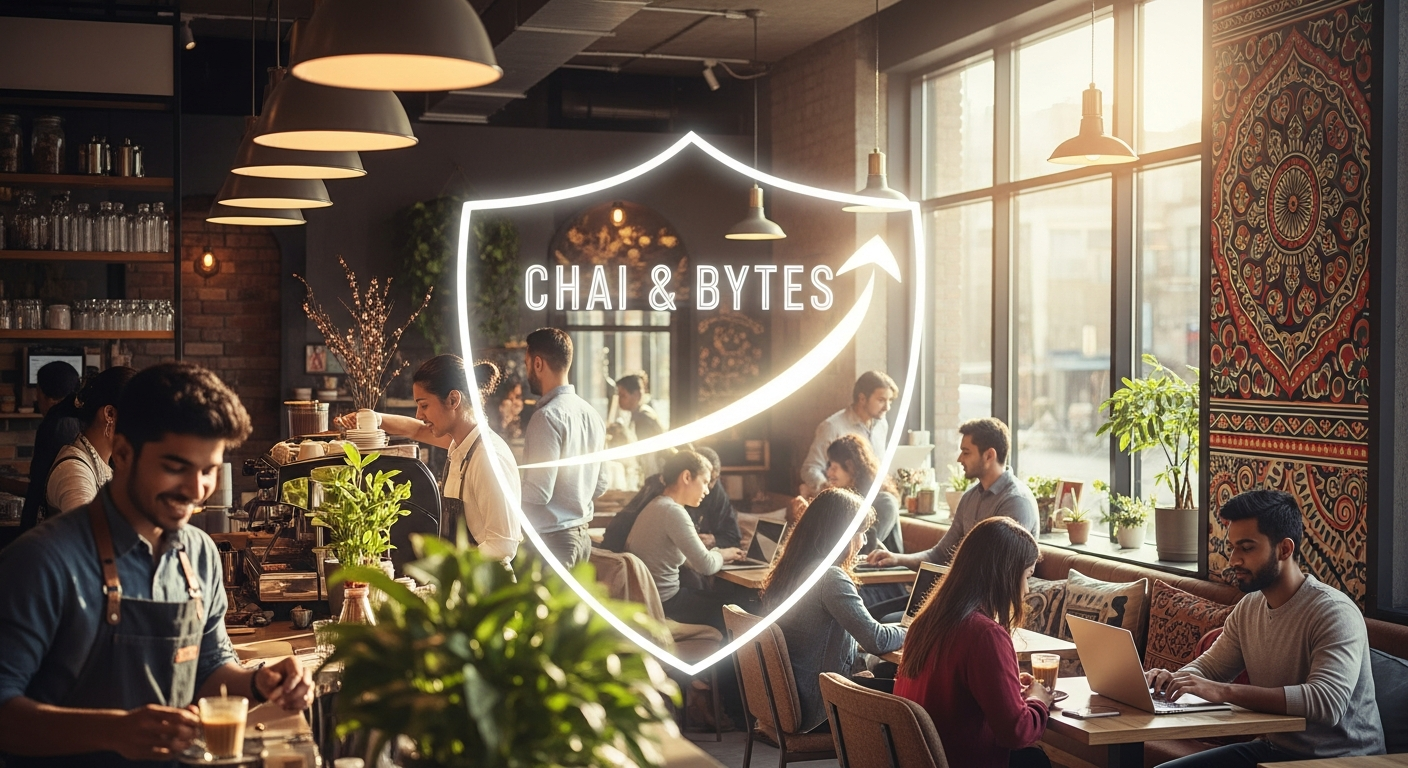 "A thriving Indian small business, such as a busy cafe, subtly protected by the concept of comprehensive business insurance, symbolizing security and growth."